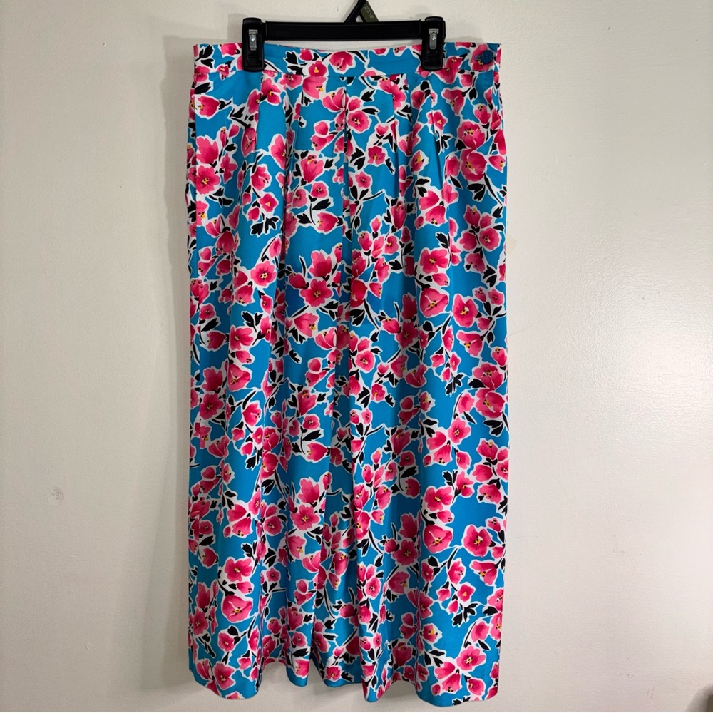 Vintage 80s Weathervane Pleated Midi Skirt Turquoise Floral ILGWU USA SZ 10